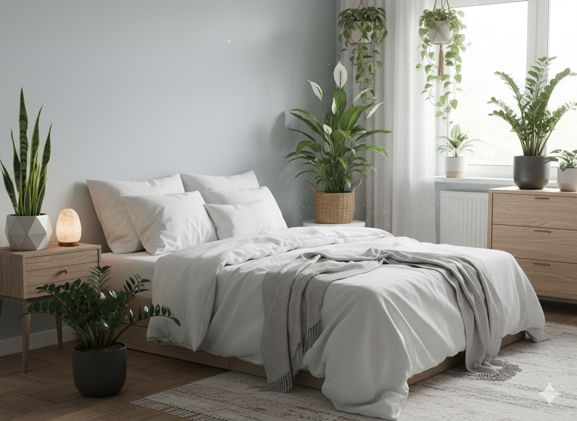 Air purifying plants in bedroom setting