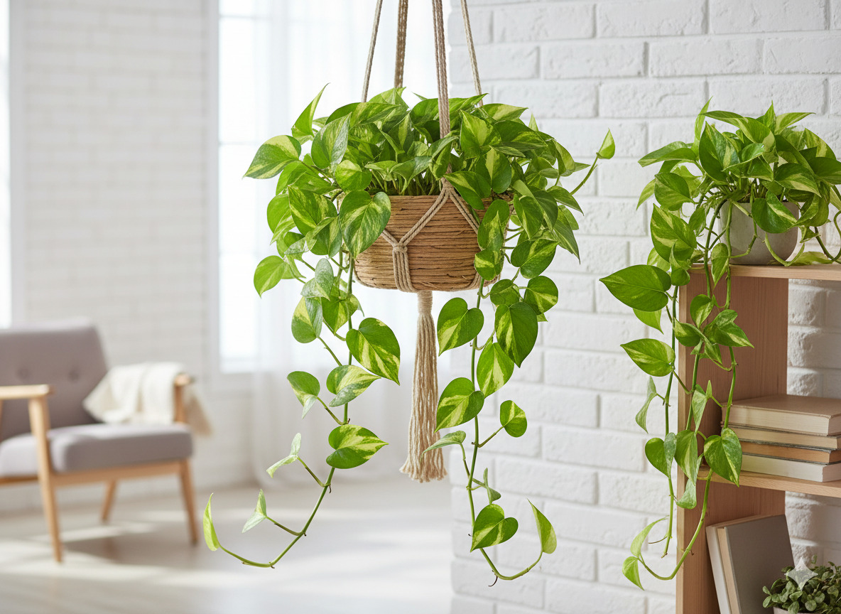 Golden Pothos trailing plant in hanging basket